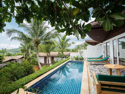 Moderner Pool mit blau gemusterten Fliesen neben Holzterrasse und tropischen Pflanzen.