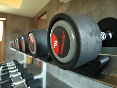 Reihe schwarzer Hanteln mit roten Aufklebern in einem Fitnessstudio auf Regal.