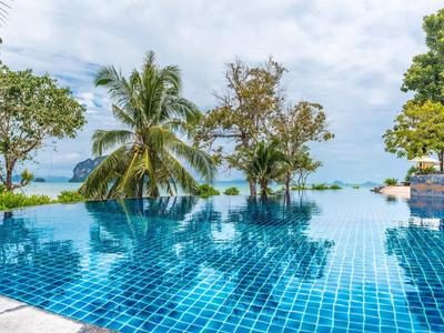 Piscina a sfioro con piastrelle blu, palme e vista sul mare sotto un cielo nuvoloso.