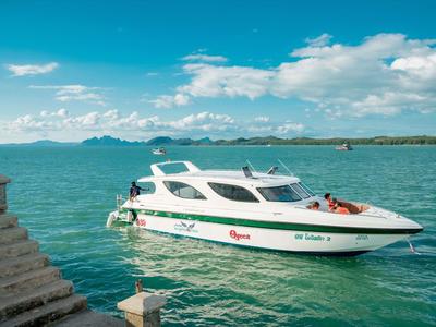 Modernes weißes Schnellboot auf türkisfarbenem Wasser vor bewölktem Himmel und Land im Hintergrund.