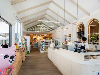 Bright, modern store with high ceilings, display shelves, and a white counter.