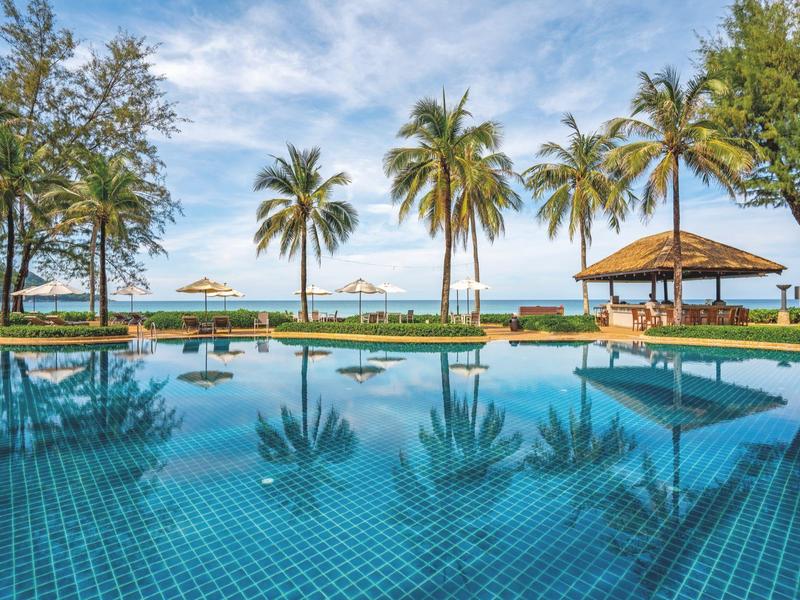 A tropical pool with palm trees and ocean view on a sunny day.