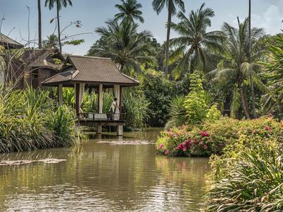 Spokojne oczko wodne z otwartą altaną i bujną tropikalną roślinnością, w tym palmami.