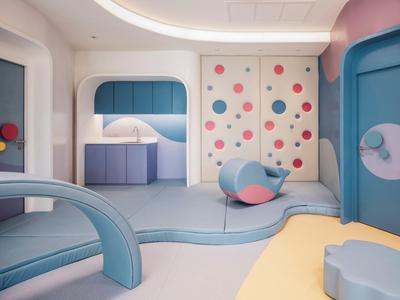 Kolorowy, nowoczesny pokój zabaw dla dzieci z miękkimi, wyściełanymi elementami i zabawnym wzorem.