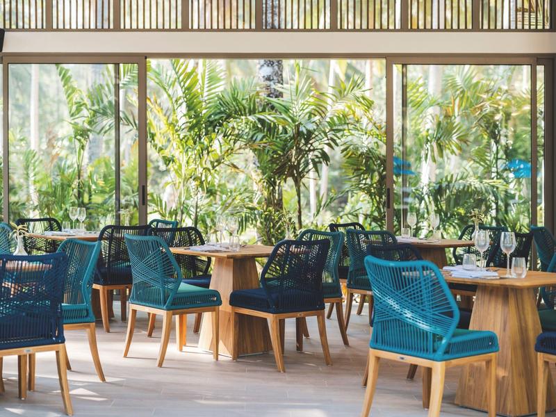 Nowoczesna weranda z niebieskimi krzesłami i drewnianymi stołami przed dużymi szklanymi oknami i zielonymi roślinami.