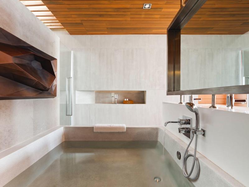 Moderní koupelna s velkou vanou, kohoutkem a dřevěným stropem.