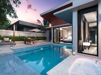 Moderne Villa mit Swimmingpool und Whirlpool bei Sonnenuntergang.