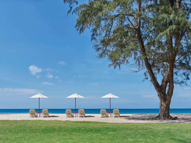 Strand mit sechs Liegestühlen unter drei weißen Sonnenschirmen und großem Baum am blauen Himmel.