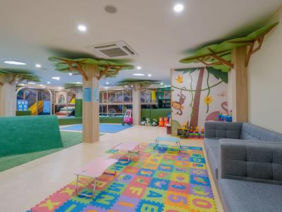 Bunter Indoor-Spielbereich mit Kletterstrukturen und Sofas in einer kinderfreundlichen Umgebung.