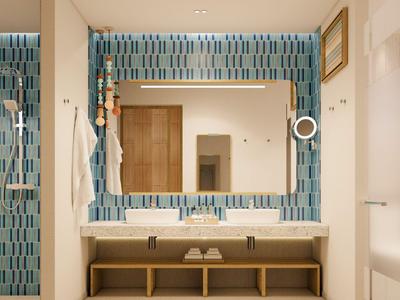 Modernes Badezimmer mit zwei Waschbecken und großen Spiegeln vor blauen Wandfliesen.