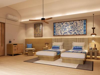 Modernes Hotelzimmer mit zwei Einzelbetten, warmem Holzdesign und stilvoller Wanddekoration.