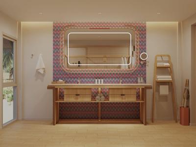 Moderner Hotelbadezimmer mit großem Spiegel, Holzregal und bunten Fliesen.