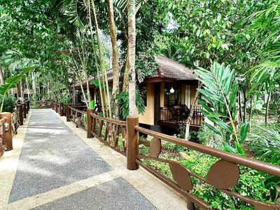Un chemin pavé traverse un jardin tropical avec des plantes vertes luxuriantes et une petite cabane.