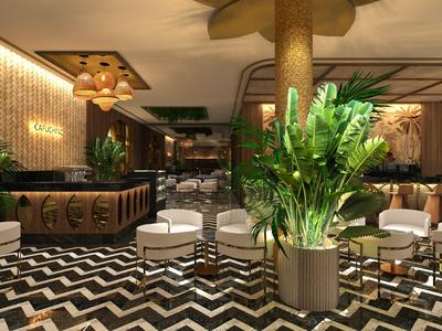 Moderne hotellobby met stijlvolle zitplaatsen en grote groene planten