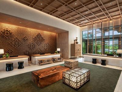 Espace lounge hôtelier moderne avec accents en bois, grandes fenêtres et éclairage élégant.
