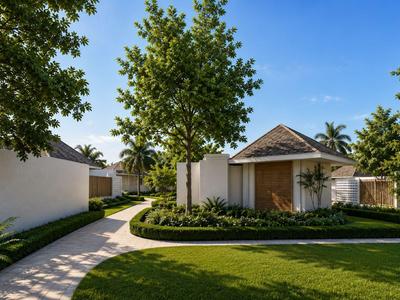 Bungalow moderni con pareti bianche e giardini sotto un cielo azzurro in un complesso alberghiero.