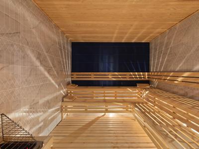 Holzsauna innen mit langen Holzbänken, Holzwänden und dunklem Fenster auf der Rückseite.