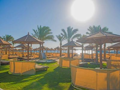 Cabanes de plage avec parasols et palmiers sous un soleil éclatant.