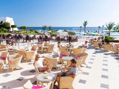 Hotelterrasse mit Gästen, die an Tischen sitzen, mit Meerblick und Palmen im Hintergrund.