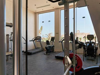 Palestra moderna con varie attrezzature da allenamento e vista da grandi finestre.