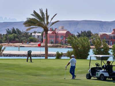Golfers op een golfbaan met palmbomen en water met gebouwen en bergen op de achtergrond