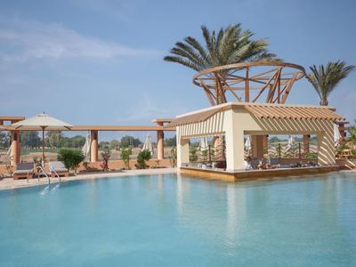 Grande piscine extérieure avec un espace couvert et des palmiers dans le jardin ensoleillé de l'hôtel.