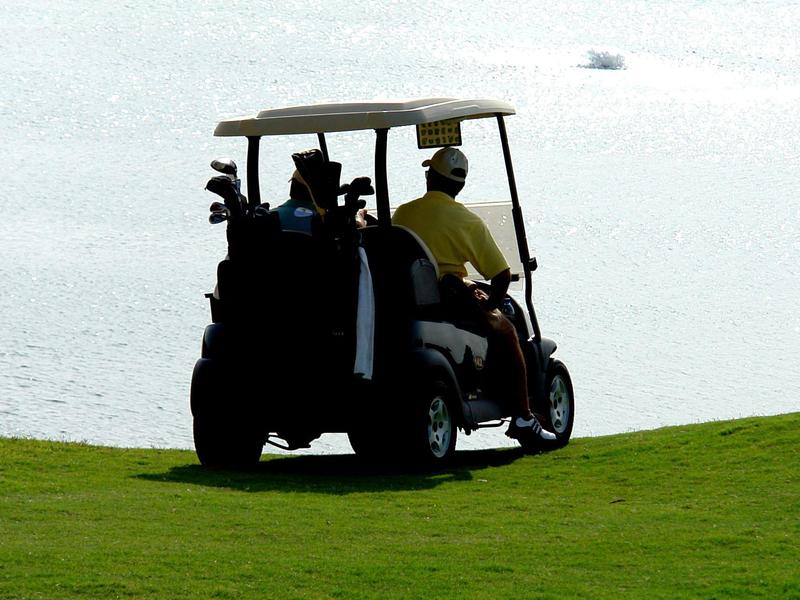 Un golfeur sur un chariot de golf sur une pelouse verte près de l'eau.