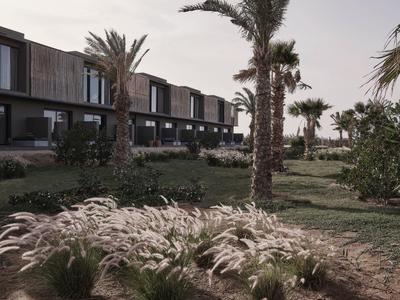 Modern hotel building with palm trees and decorative grass in the foreground in low light.