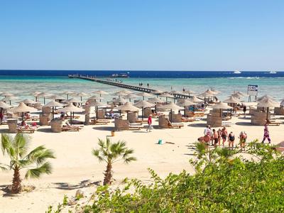 Zonnig strand met palmbomen, parasols, ligbedden en mensen bij helderblauwe zee.
