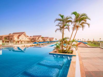 Infinity pool with palm trees at a resort under clear sky.