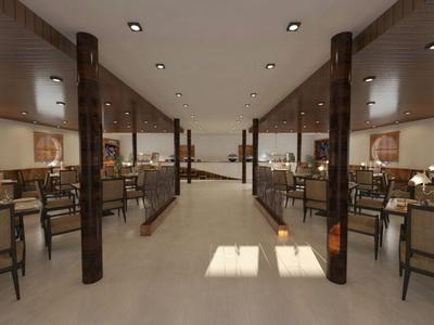 Restaurante moderno y elegante con mesas de madera, sillas y luz tenue