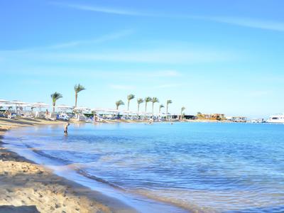 Strand mit feinem Sand, Palmen und klarem blauem Wasser unter blauem Himmel