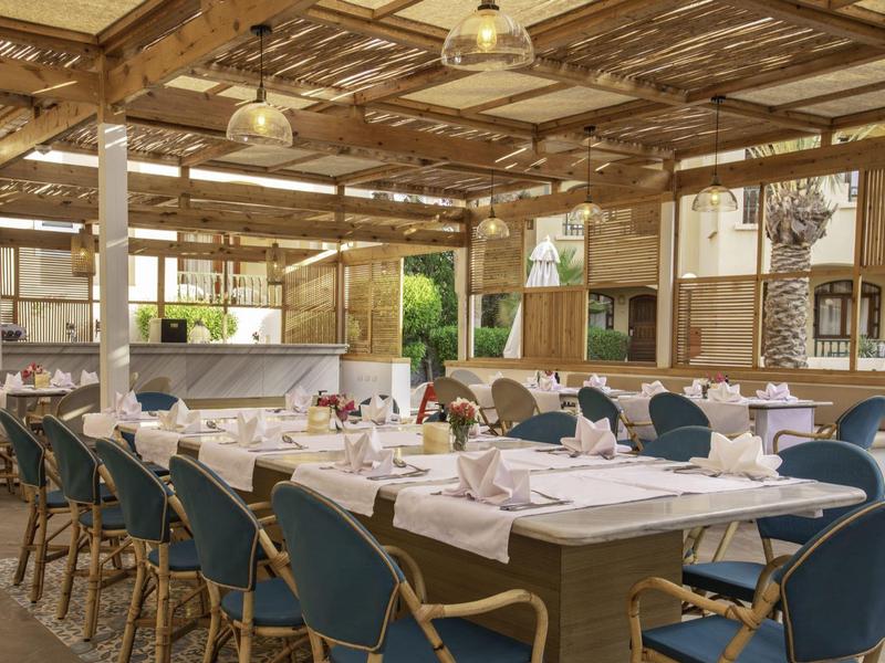 Großer, offener Speiseraum mit langem Tisch, blauen Stühlen und hölzernem Dach mit Lampen.