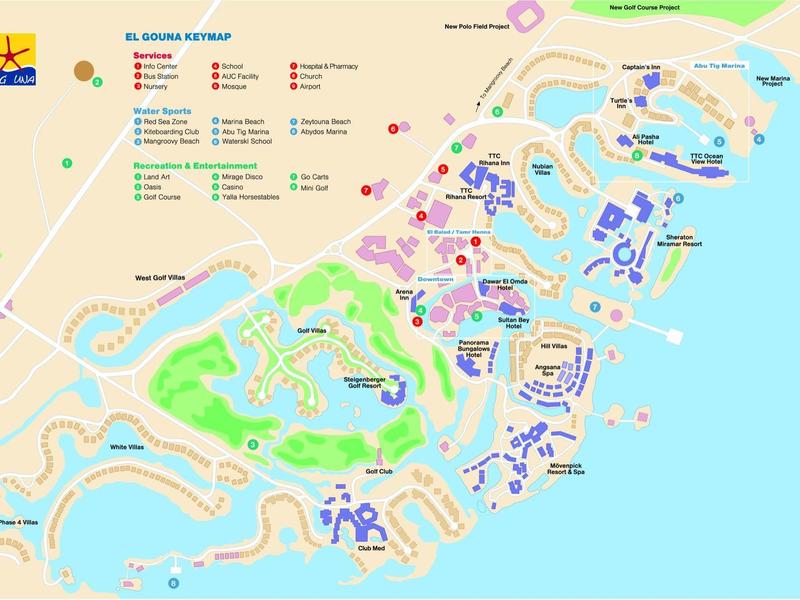 Karte von El Gouna, Ägypten, mit Hotels, Stränden, Restaurants, Marinas und Freizeiteinrichtungen am Meer.