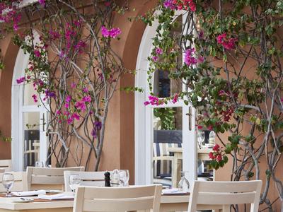 Terrace with white furniture and pink bougainvillea on pastel-colored walls.