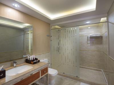 Helle, moderne Badezimmer mit großer Glasdusche, Spiegel, Beleuchtung und Waschbecken mit Ablagefläche.