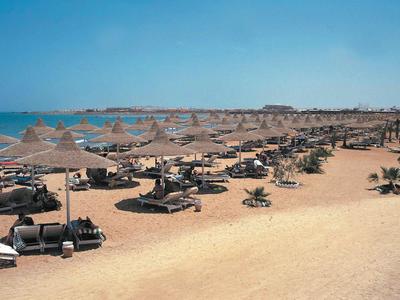 Beach with rows of lounge chairs and umbrellas next to calm sea under clear sky.