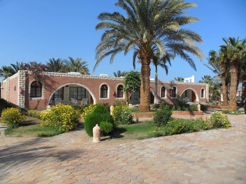 Ein niedriges rosa Gebäude mit Bogenfenstern, umgeben von Palmen und grünem Gebüsch unter blauem Himmel.