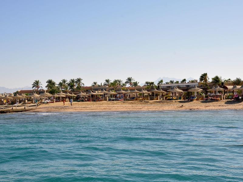 Küste mit Sandstrand, Palmen und Gebäuden unter klarem, blauem Himmel bei ruhigem Meer.