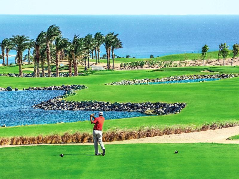 Golfer hitting ball on green golf course with sea and palm trees in the background.
