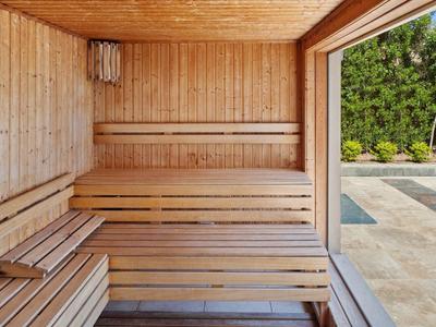 Helle Holzsauna mit mehrstufigen Bänken und Fenster mit Blick auf bewachsenen Außenbereich.