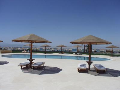 Pool mit Liegestühlen und Strohdächern vor klarem, blauem Himmel.