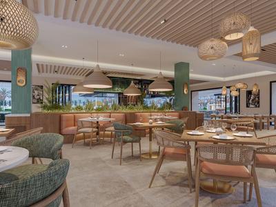 Moderner Hotelbar-Bereich mit gemütlichen Sesseln, Holztischen und warmem Licht.