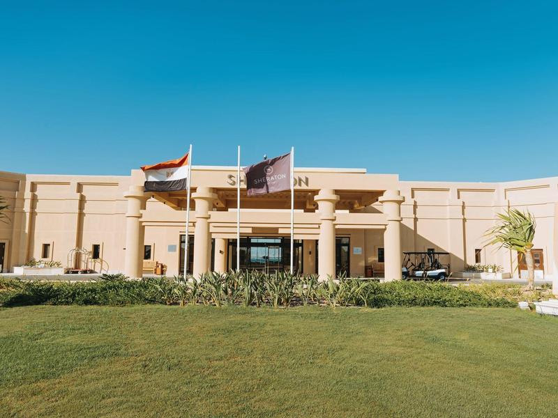Ein florierendes Hotelgebäude mit Flaggen und grünem Rasen im Vordergrund unter klarem blauem Himmel.