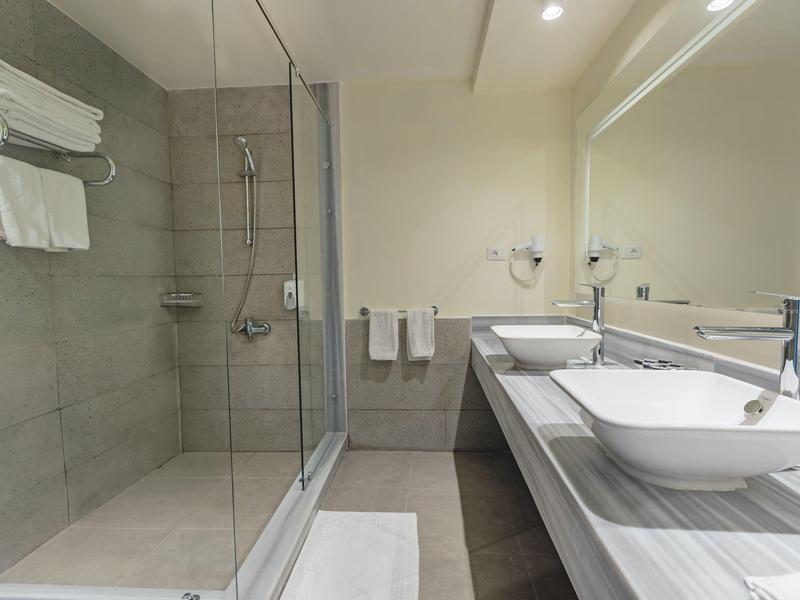 Modern bathroom with large shower, double sinks, and a large mirror.