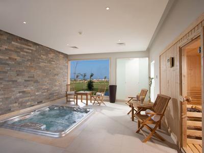 Indoor spa area with hot tub, wooden sauna, lounge chairs, and large window with garden view.