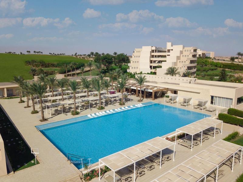 Large rectangular pool with lounge chairs and palm trees in a sunny hotel courtyard.