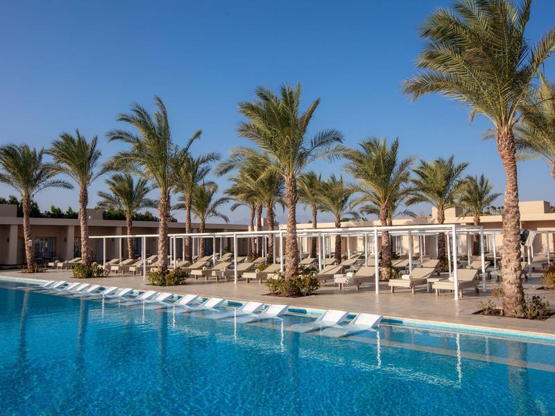 Luxury pool area with sun loungers and palm trees under clear blue sky.