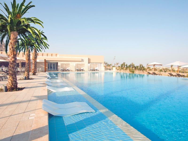 Sunny outdoor pool with lounge chairs and palm trees at a luxury resort.