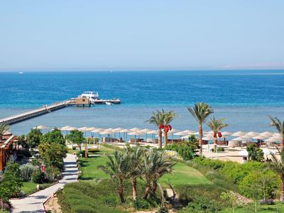 Strand met parasols, palmbomen en een pier die de blauwe zee in loopt